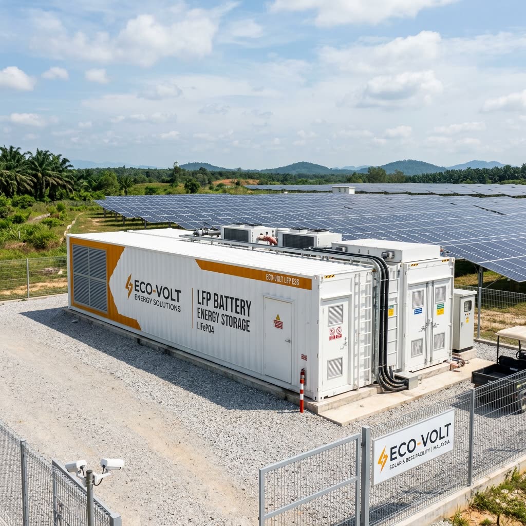 Containerised lithium-iron-phosphate battery storage beside a solar field