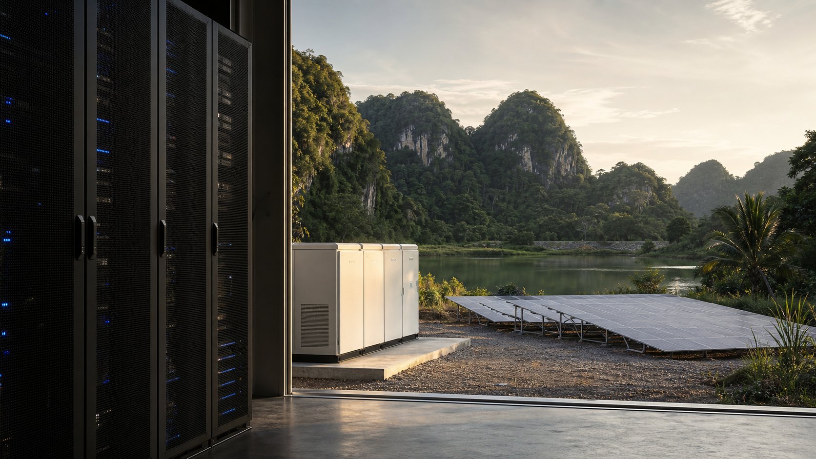 Compute racks looking onto battery storage, solar panels and a reclaimed water landscape.