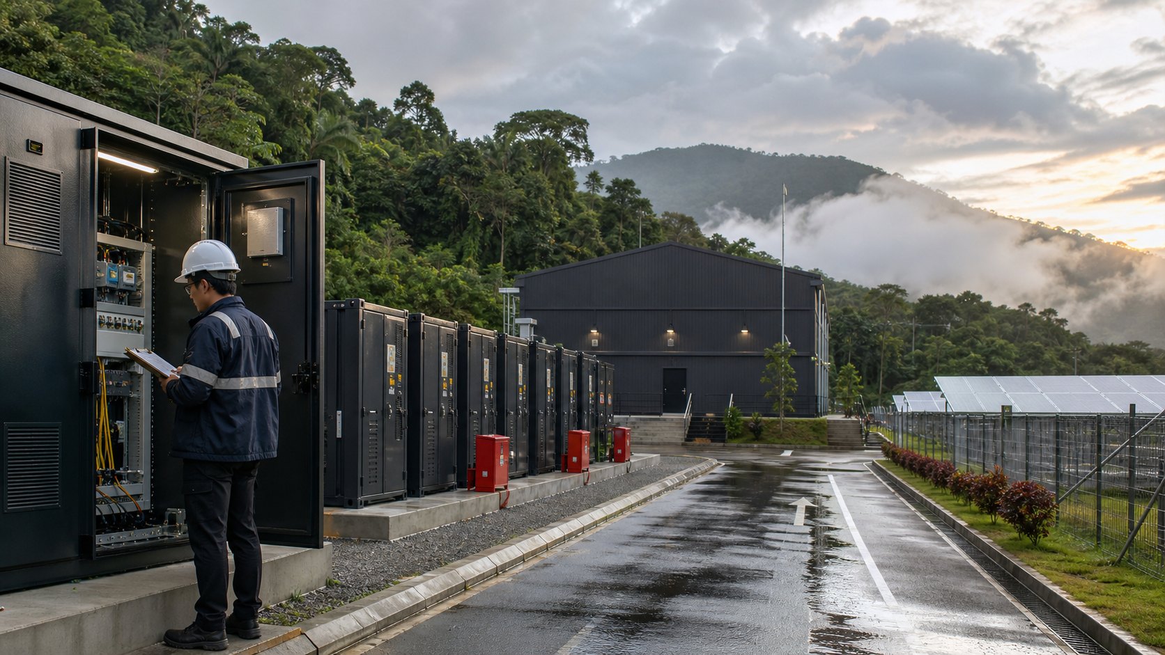 An engineer inspecting battery controls beside a compute hall and solar field after rain.