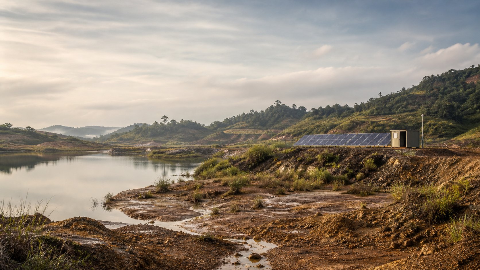A quiet post-mining landscape with a tin pond, solar panels and a small infrastructure shelter.