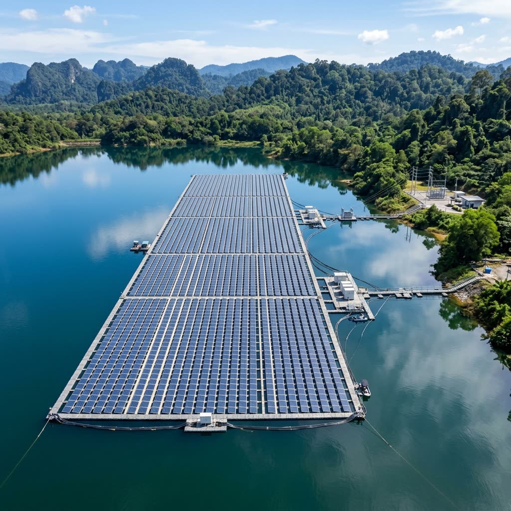 The same water carrying a floating solar array