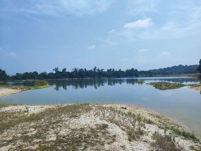 White sand and grass on the near bank, with the lake behind